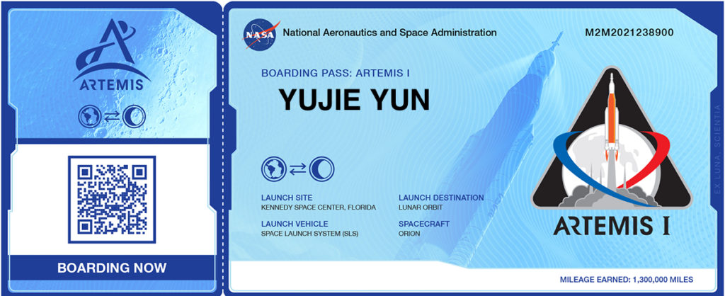 NASA boarding pass for Yujie Yun